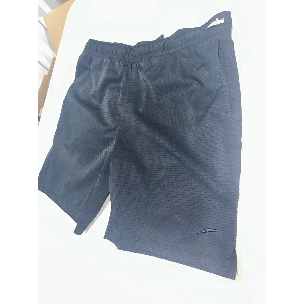Speedo Mens Swim Trunks Black Textured Board Shorts Size Small Drawstring Pocket